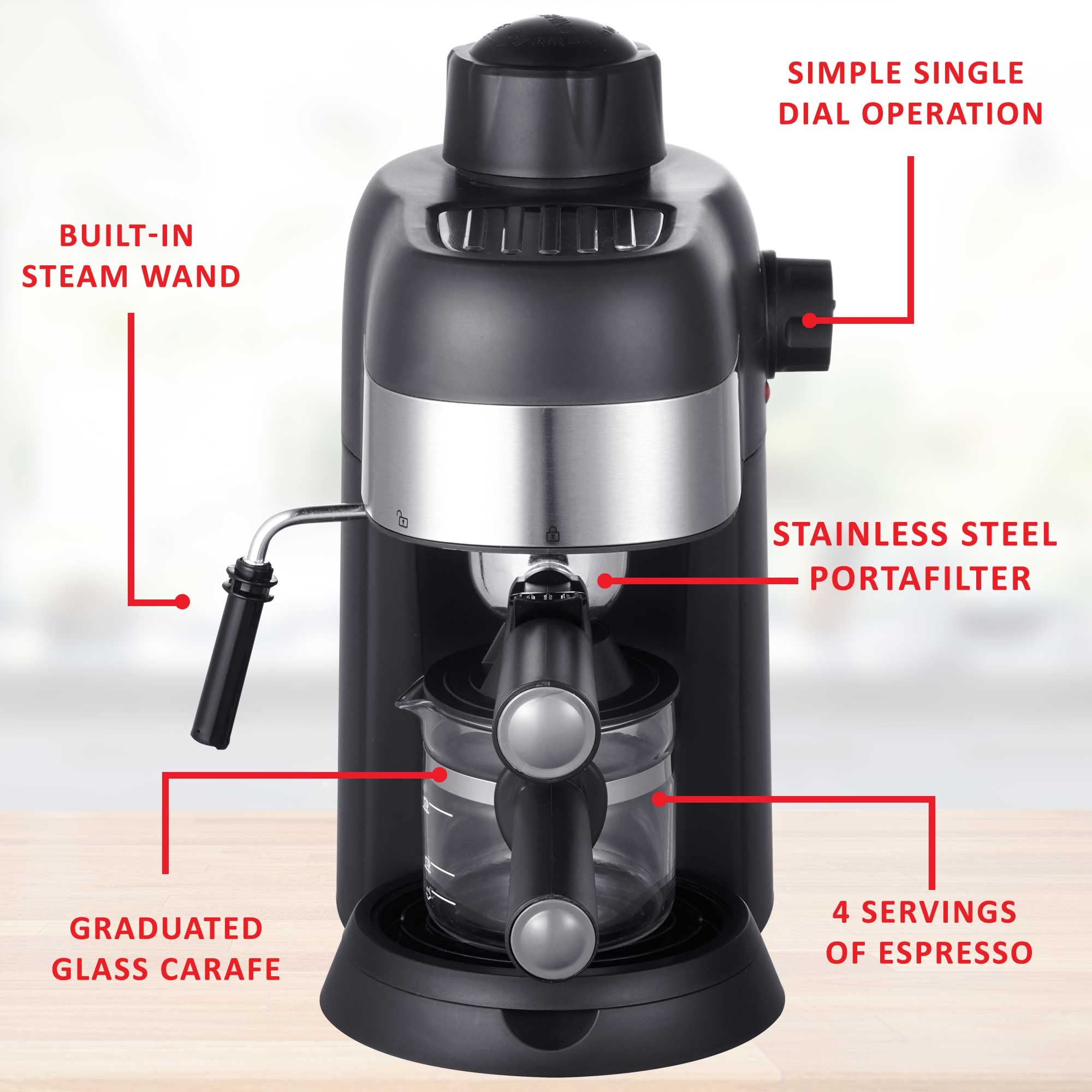 Brentwood 4-Serving Espresso and Cappuccino Maker with Steam Frother, Black
