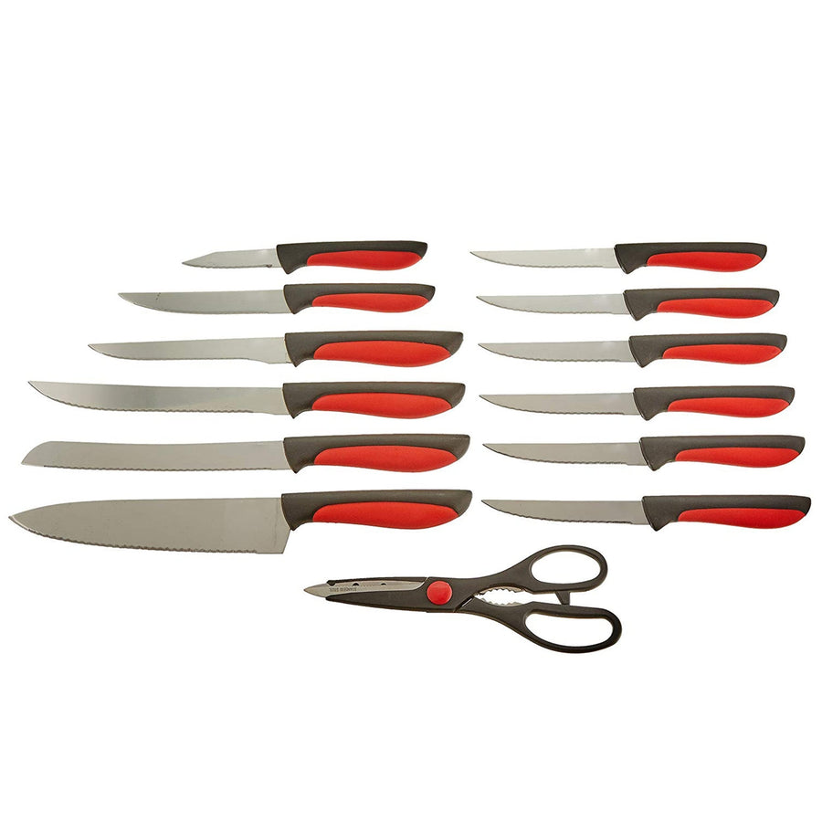Kitchen knives, six steak knives and shears from the MegaChef 14 piece set laid out