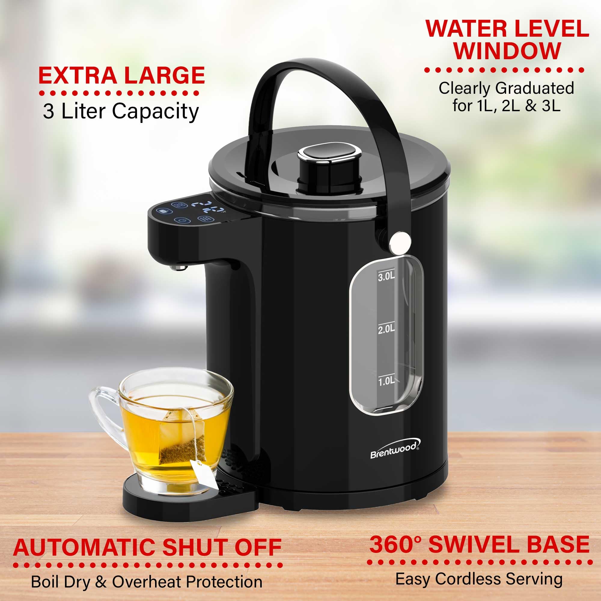Brentwood KT-2230DBK 3L 1100W Digital Glass Instant Hot Water Dispenser with Tea Infuser - Black