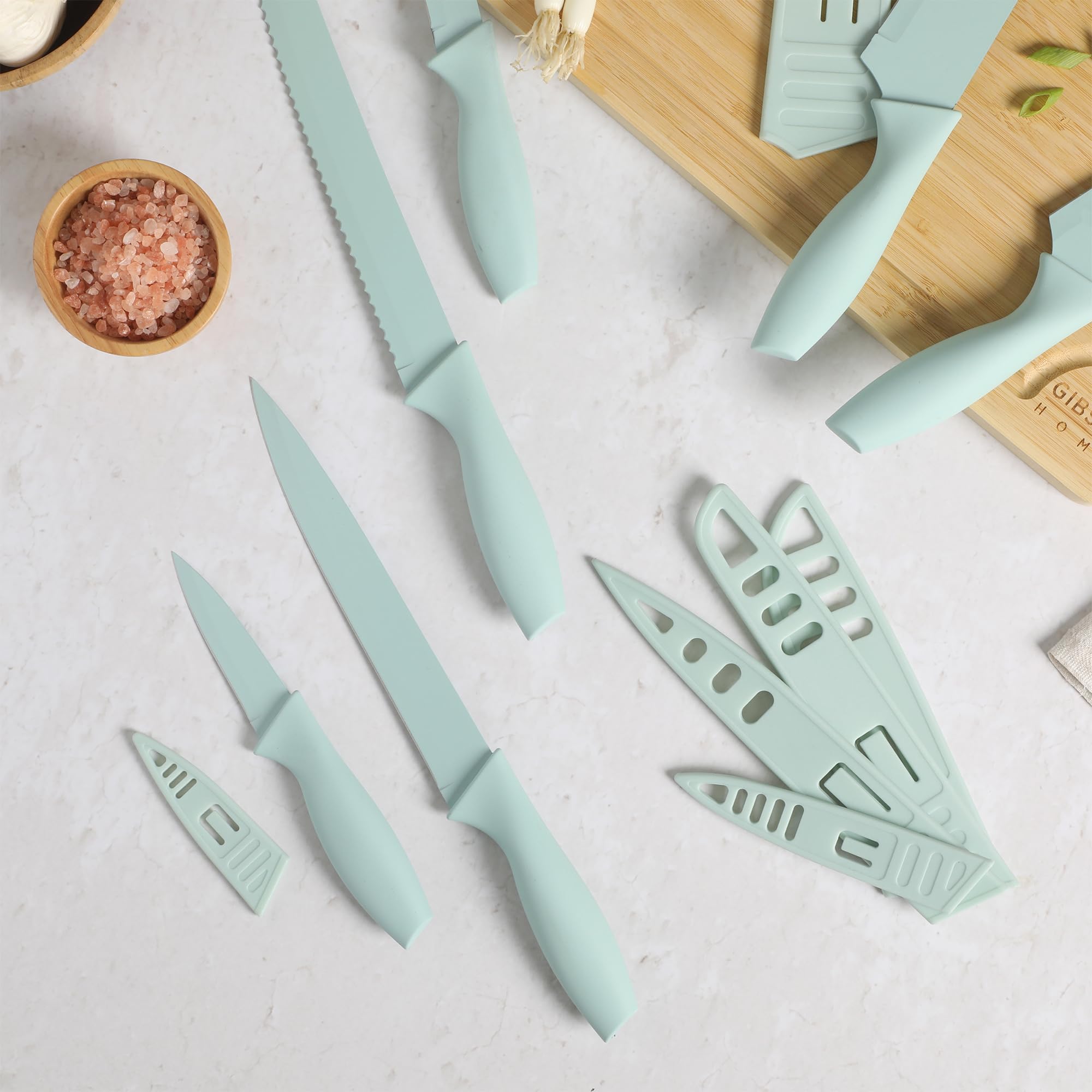 Gibson Home Bostonville 12-Piece Nonstick Stainless Steel Cutlery Set – Turquoise, 6 Knives with Matching Blade Guards