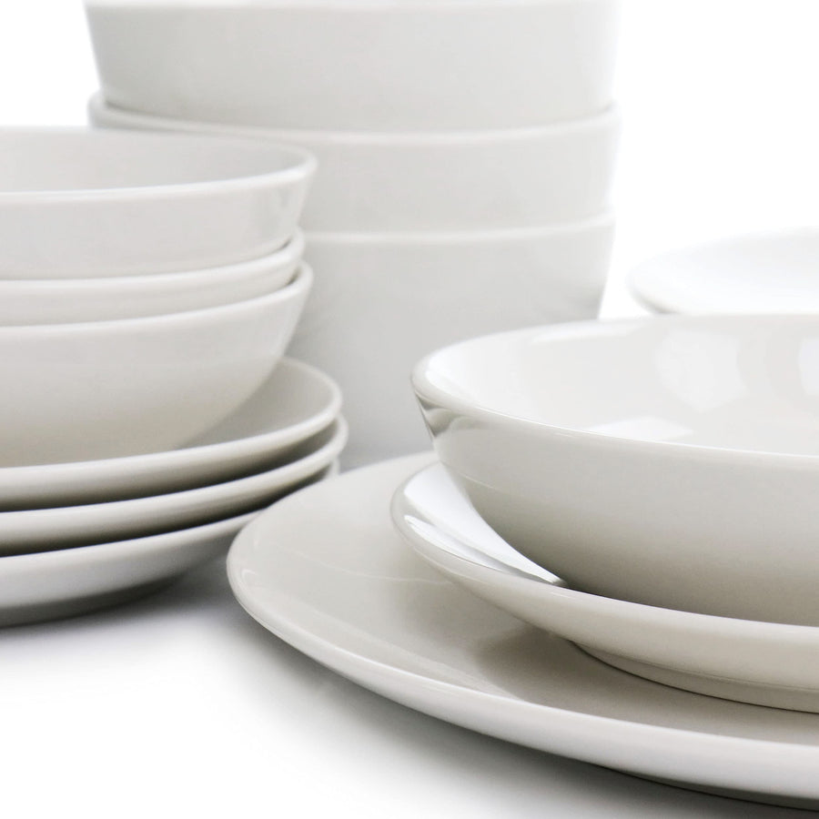 White Porcelain Dinnerware Set for 4, 16 Piece Double Bowl with Pasta and Cereal Bowls, Elama Camellia