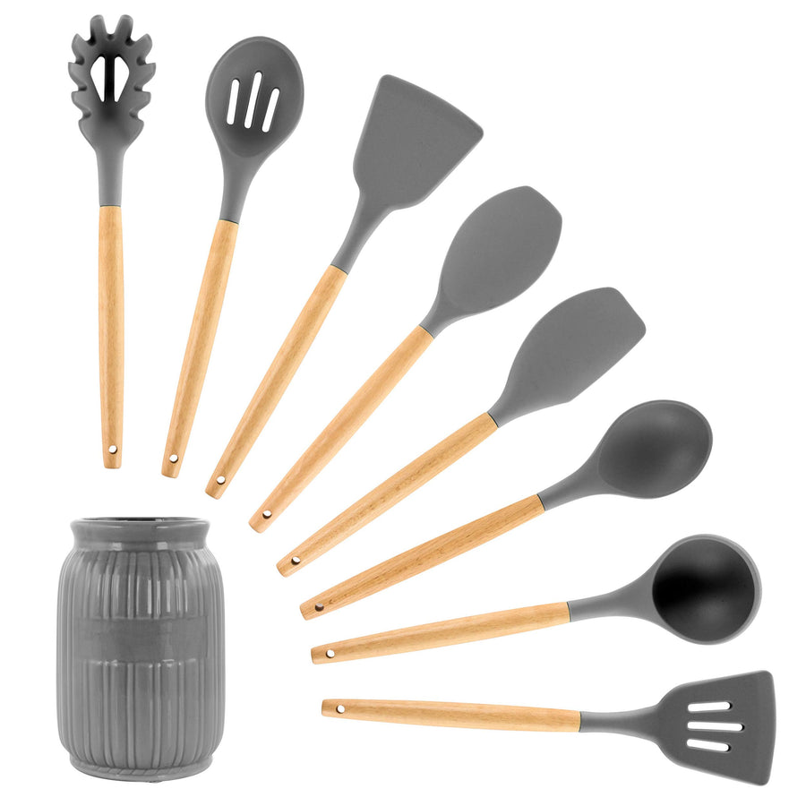 MegaChef 9-Piece Silicone and Wood Kitchen Utensil Set with Ceramic Holder, Gray