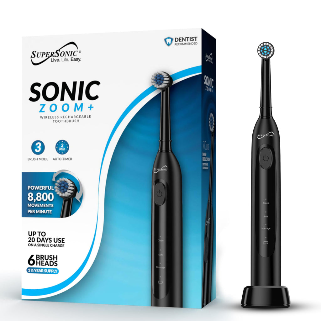 SuperSonic Sonic Zoom+ Wireless Rechargeable Toothbrush – Black with 6 Brush Heads & Travel Case