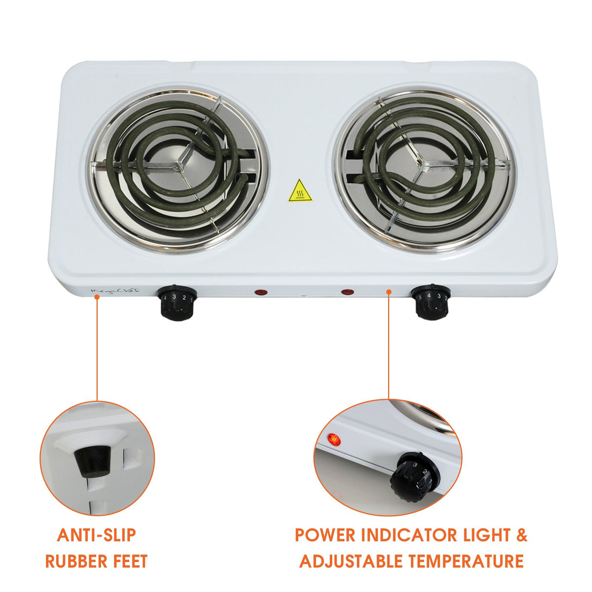 MegaChef MC-2012A-W Portable Dual Coil Cooktop, 1700W, Two 5.5 in Burners, White, Independent Temperature Knobs with Indicator Lights