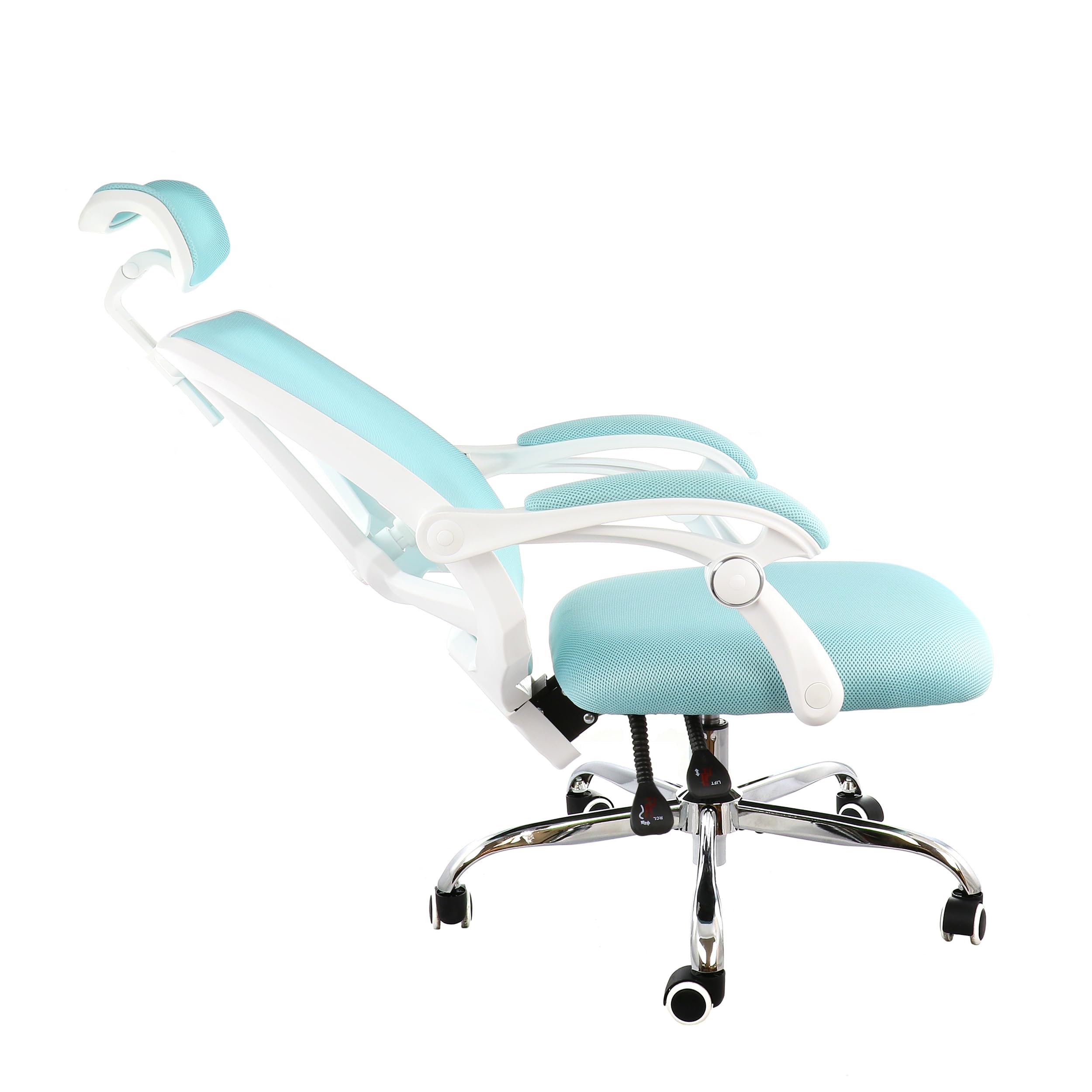Elama Full-Back Mesh Adjustable Office Chair with Headrest – Blue & White Ergonomic Home Office, Lumbar Support, 360° Swivel