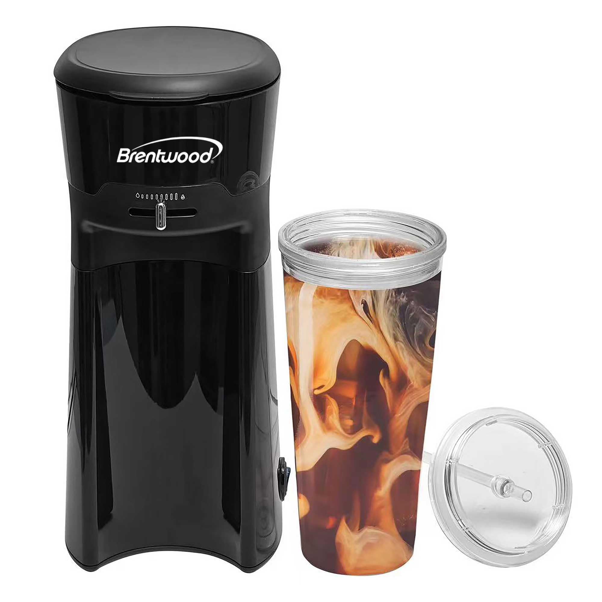 Brentwood KT-2121BK black single-serve iced coffee and tea maker with insulated tumbler