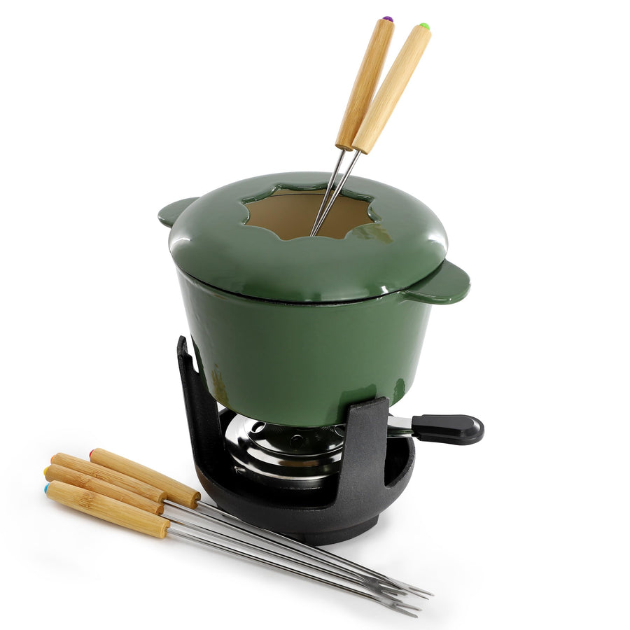 MegaChef Enameled Cast Iron Fondue Pot Set with 6 Forks, Green