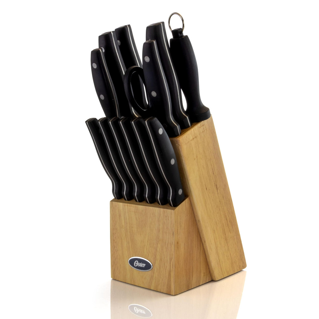 Oster Granger 14-Piece Cutlery Set with Wood Block – Black Handle Stainless Steel Knives, Sharpener & Kitchen Shears