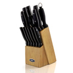 Oster Granger 14-Piece Cutlery Set with Wood Block – Black Handle Stainless Steel Knives, Sharpener & Kitchen Shears
