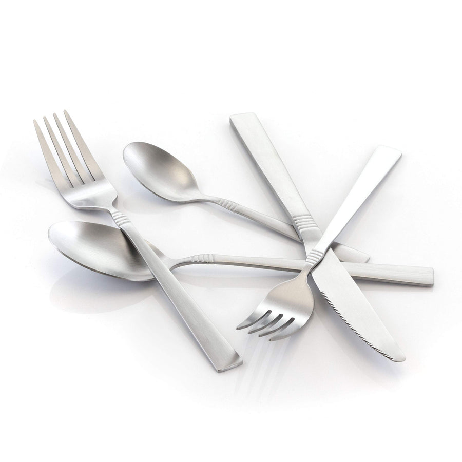 Matte silver stainless steel forks, knife and spoons fanned out, MegaChef Cravat