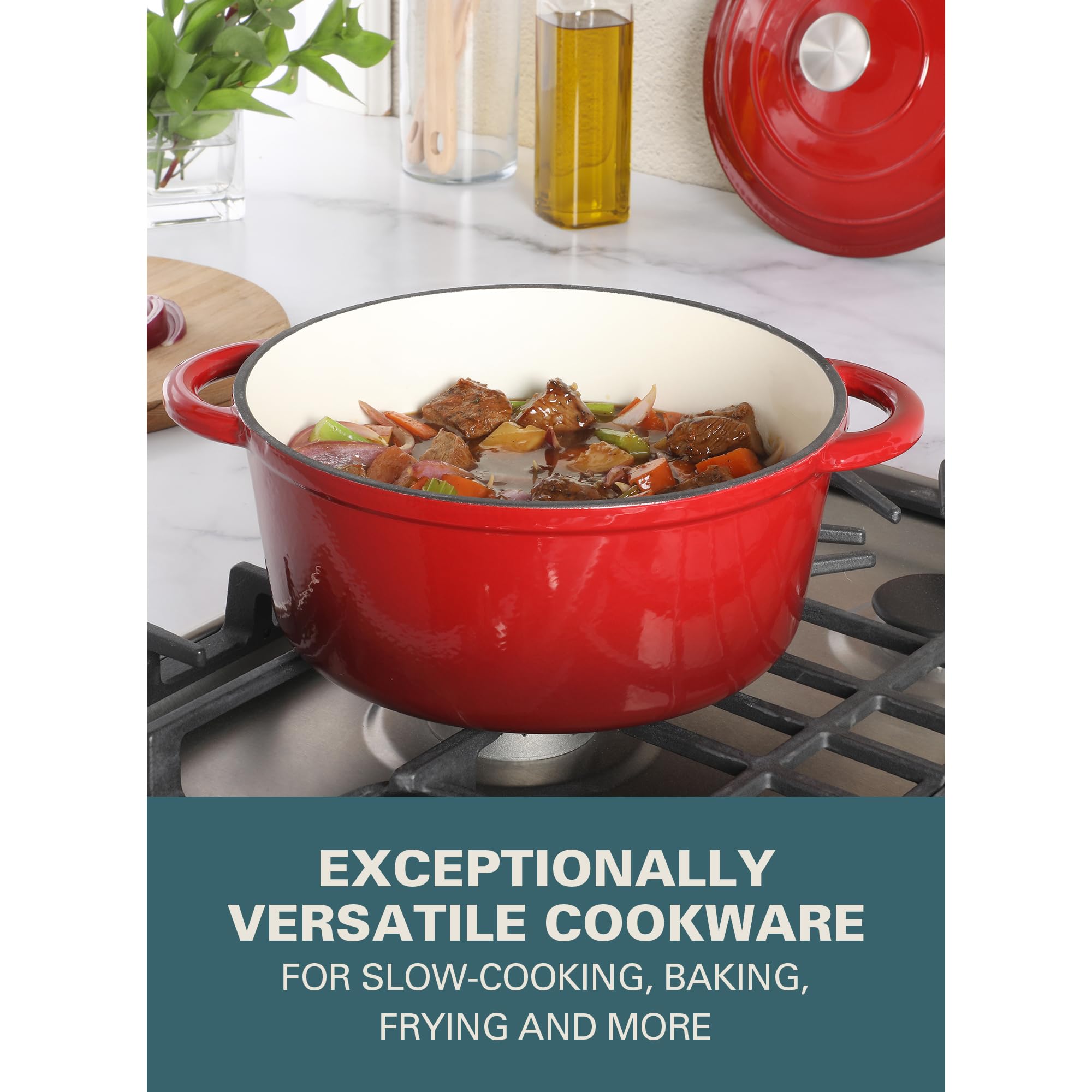 Gibson Home Addlestone 5-Quart Red Enameled Cast Iron Dutch Oven with Lid & Dual Handles – Oven Safe to 500°F, All-Stovetop Compatible, Self-Basting Lid