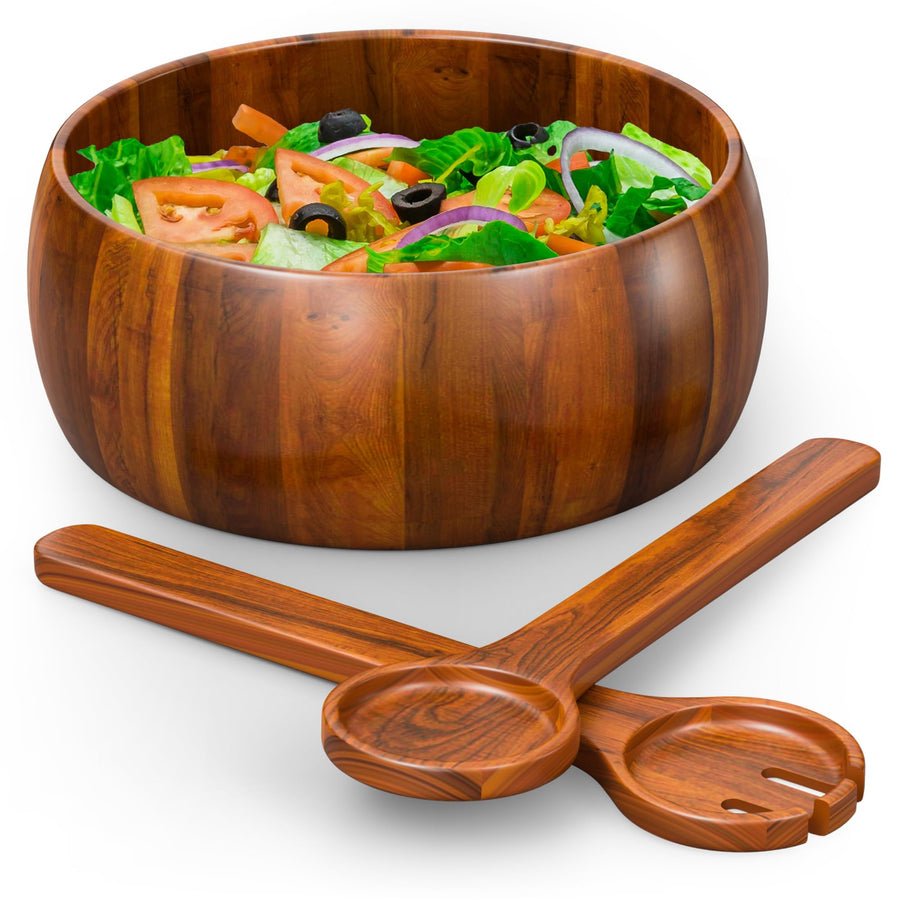 Gibson Home Laroda 3-piece acacia wood salad bowl set, 12 inch staved bowl with serving fork and spoon, brown, filled with salad