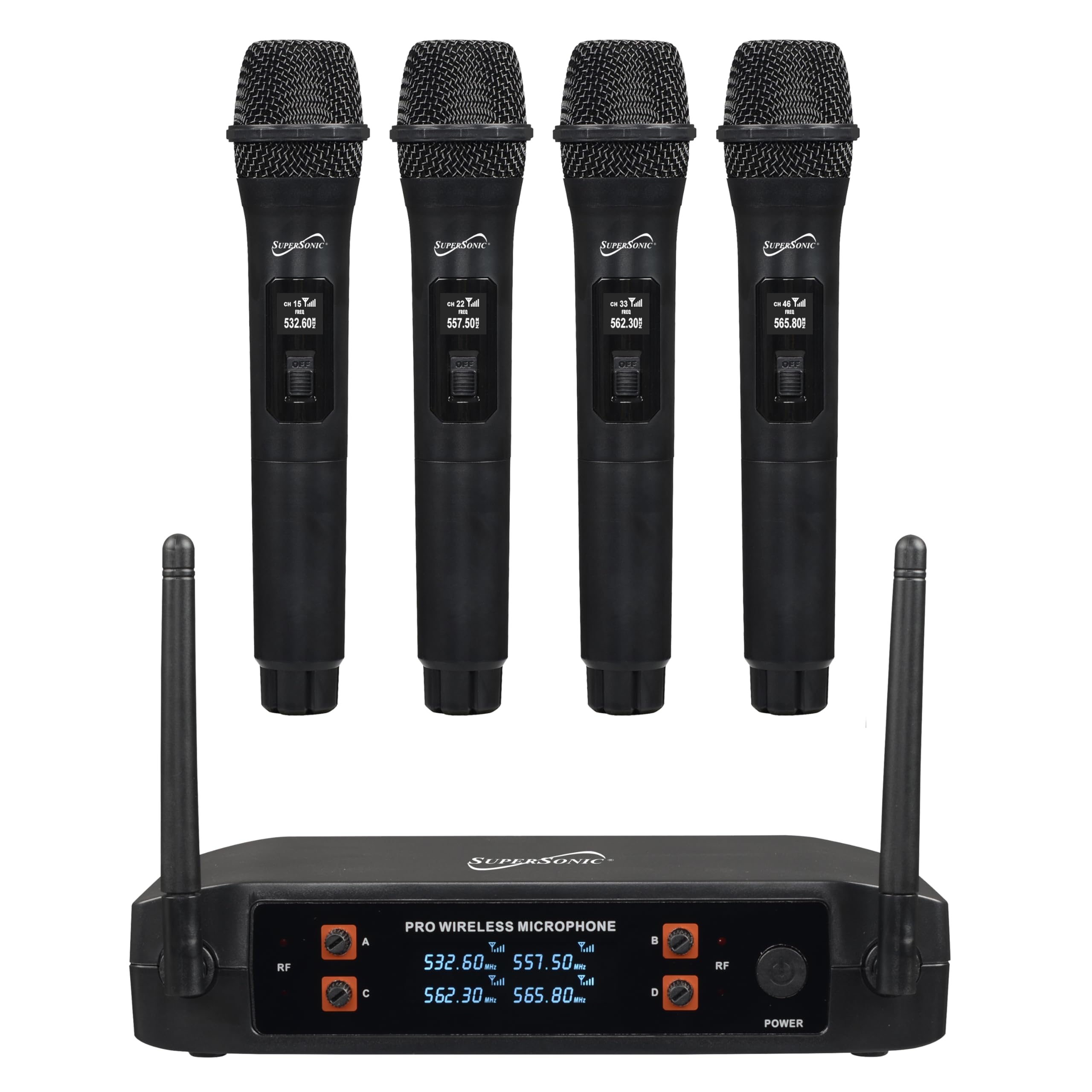 SuperSonic SC-909 black four-channel 2.4GHz wireless microphone system with four handheld mics