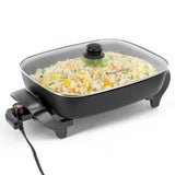 MegaChef MCF-1102 Electric Fry Pan, 14.96 x 12.13 in Rectangular, Black, 1500W, Tempered Glass Lid, Detachable Thermostat Probe
