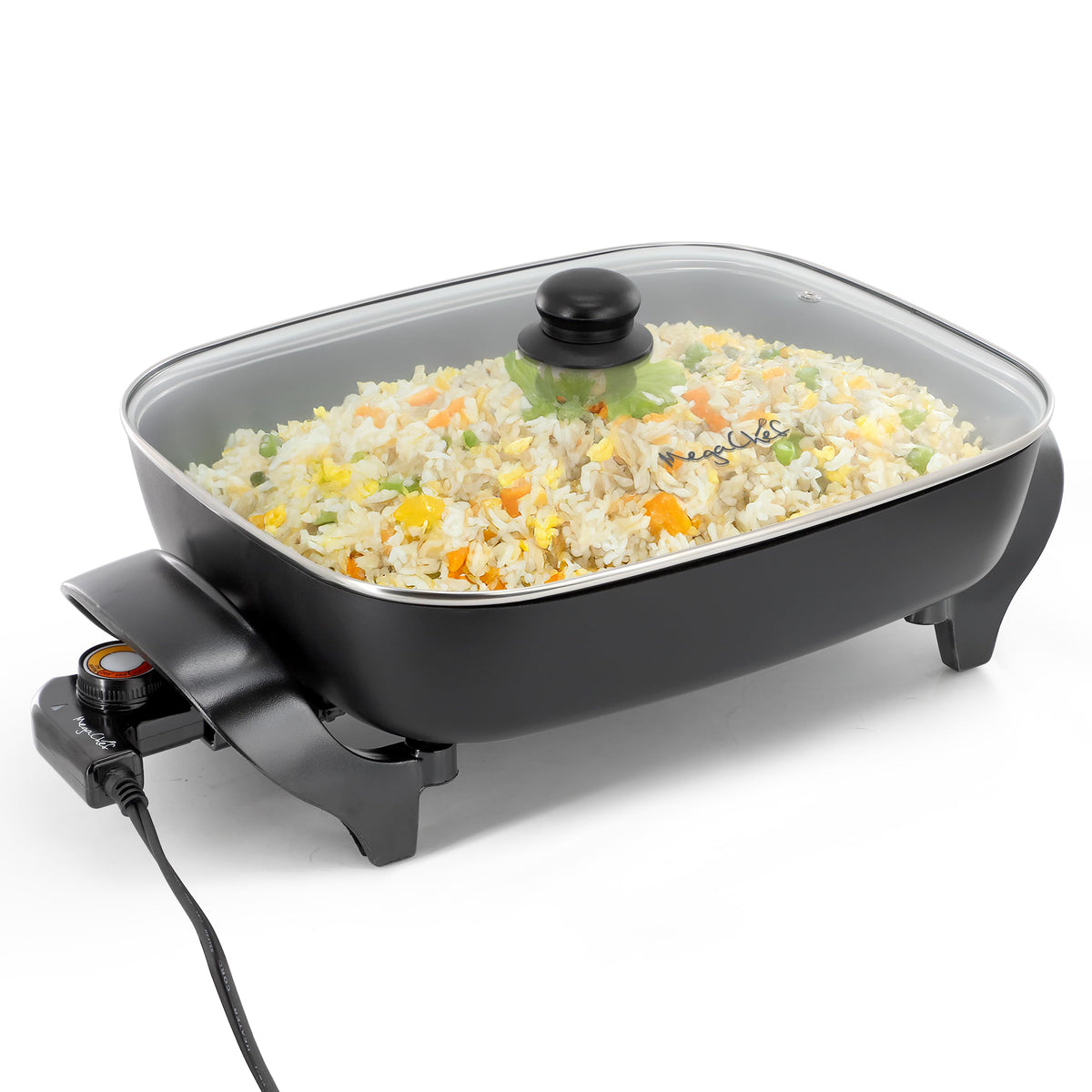 MegaChef MCF-1102 Electric Fry Pan, 14.96 x 12.13 in Rectangular, Black, 1500W, Tempered Glass Lid, Detachable Thermostat Probe