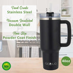 Brentwood GEOJUG 40 oz Insulated Stainless Steel Tumbler – Black with Handle, Lid & Straw
