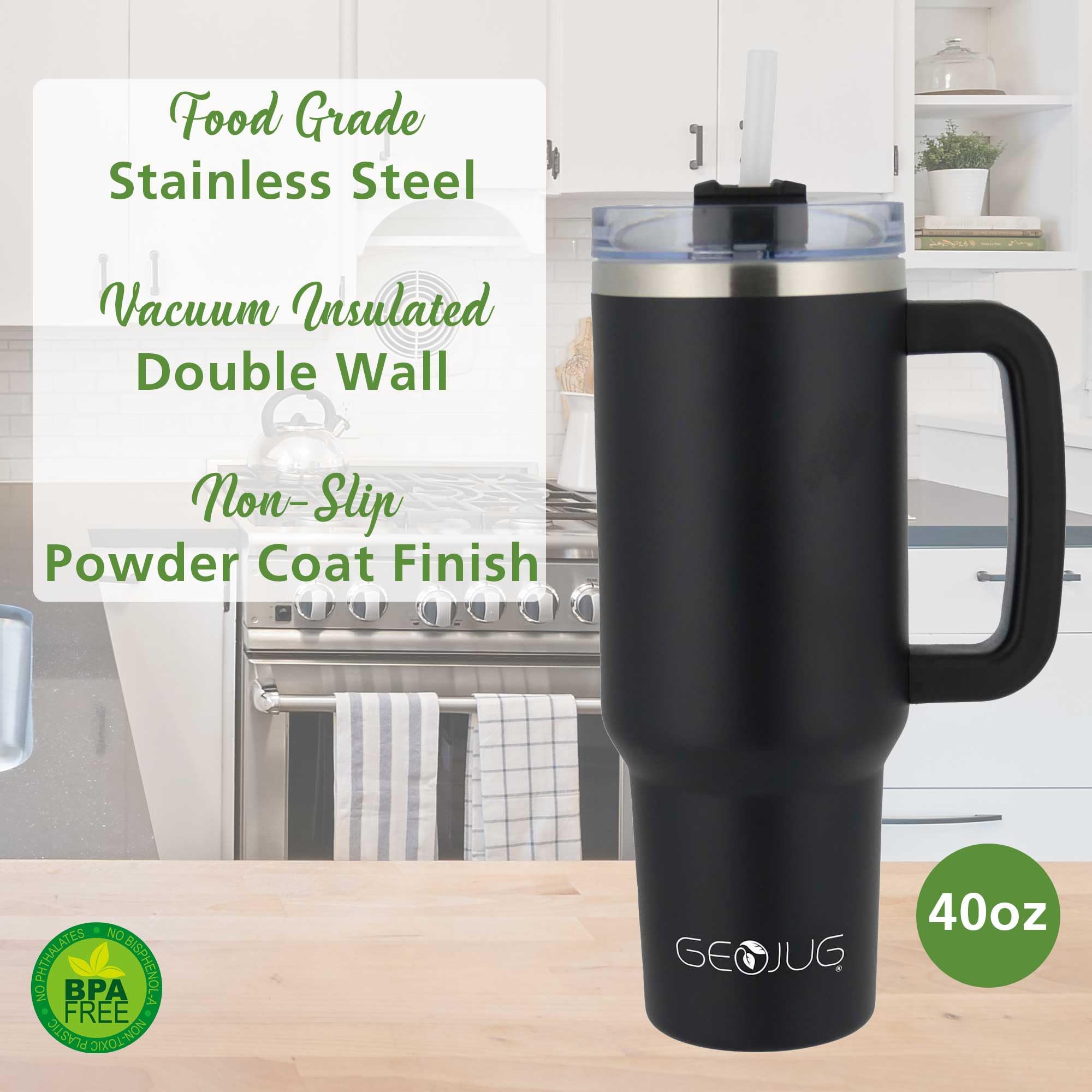 Brentwood GEOJUG 40 oz Insulated Stainless Steel Tumbler – Black with Handle, Lid & Straw