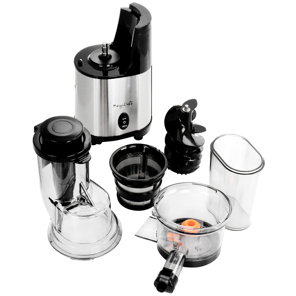 MegaChef Pro Stainless Steel Slow Masticating Juicer – Chrome Silver, Cold-Press Auger, Quiet, Easy-Clean Fruit & Vegetable Juicer