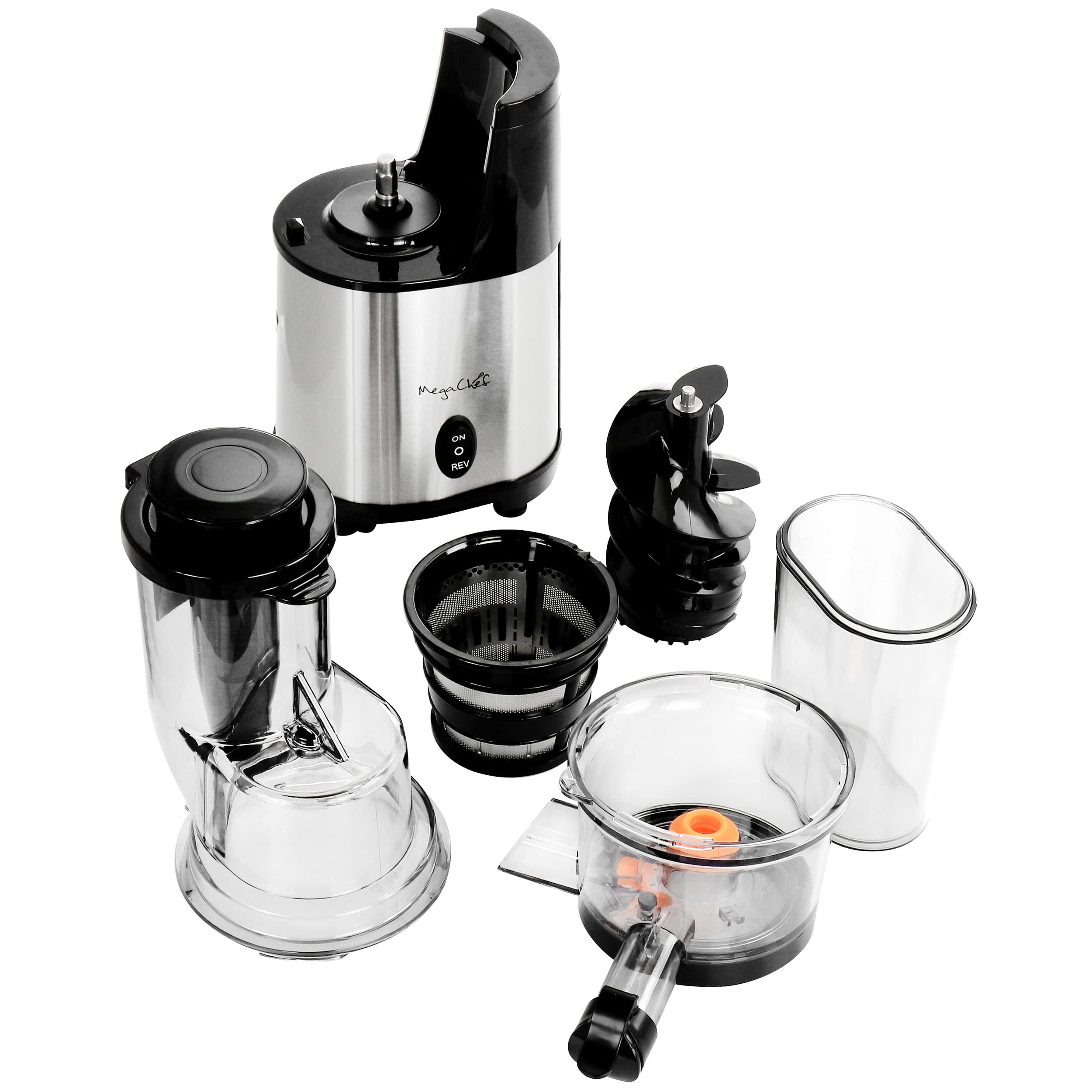MegaChef Pro Stainless Steel Slow Masticating Juicer – Chrome Silver, Cold-Press Auger, Quiet, Easy-Clean Fruit & Vegetable Juicer