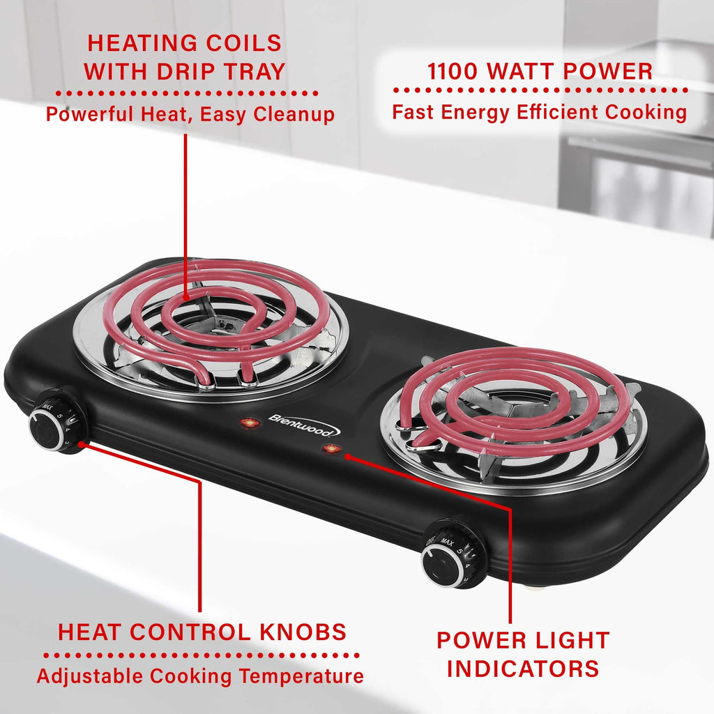 Brentwood TS-363BK 1100W Countertop Double Coiled Electric Burner - Black, Temperature Control with Power Indicator