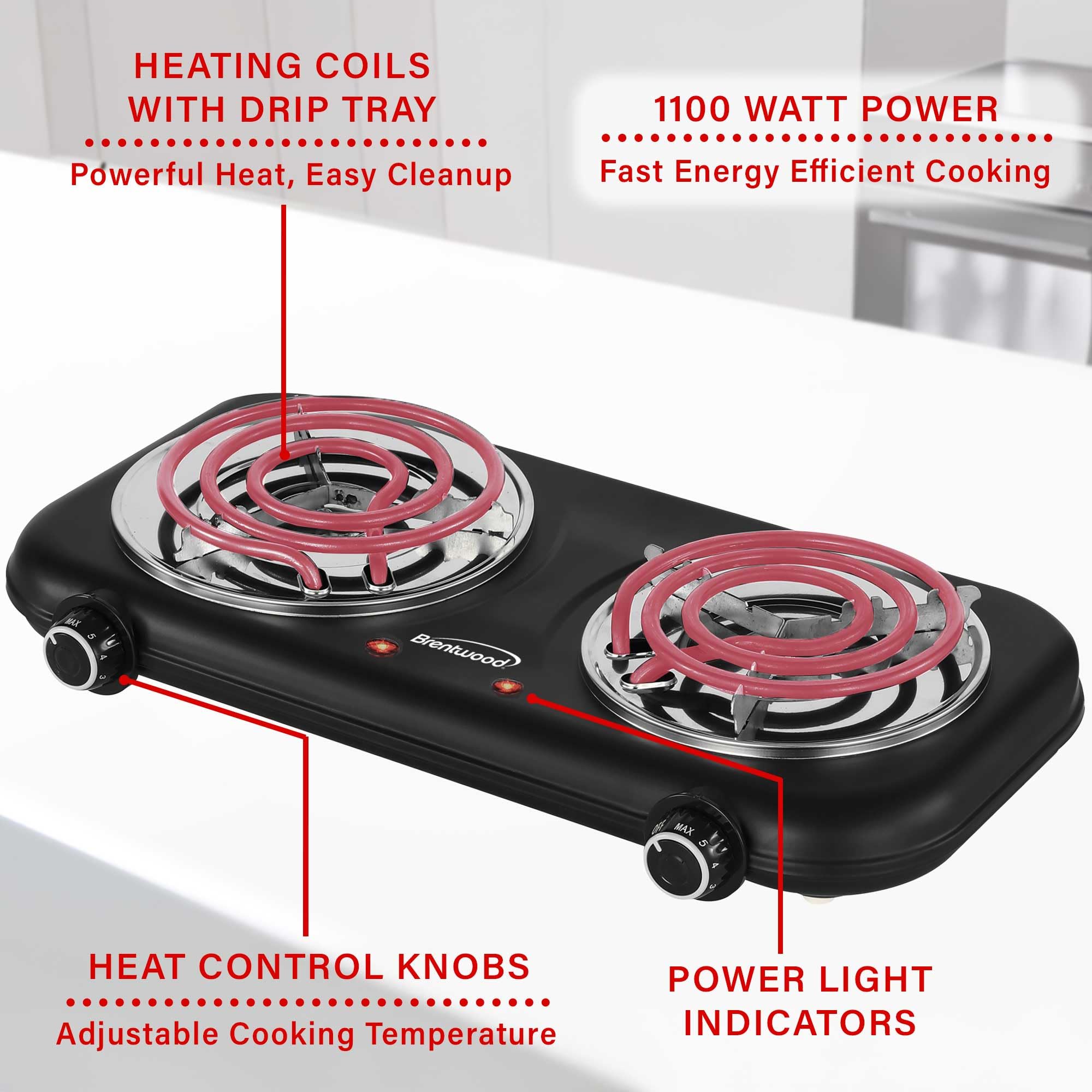 Brentwood TS-363BK 1100W Countertop Double Coiled Electric Burner - Black, Temperature Control with Power Indicator