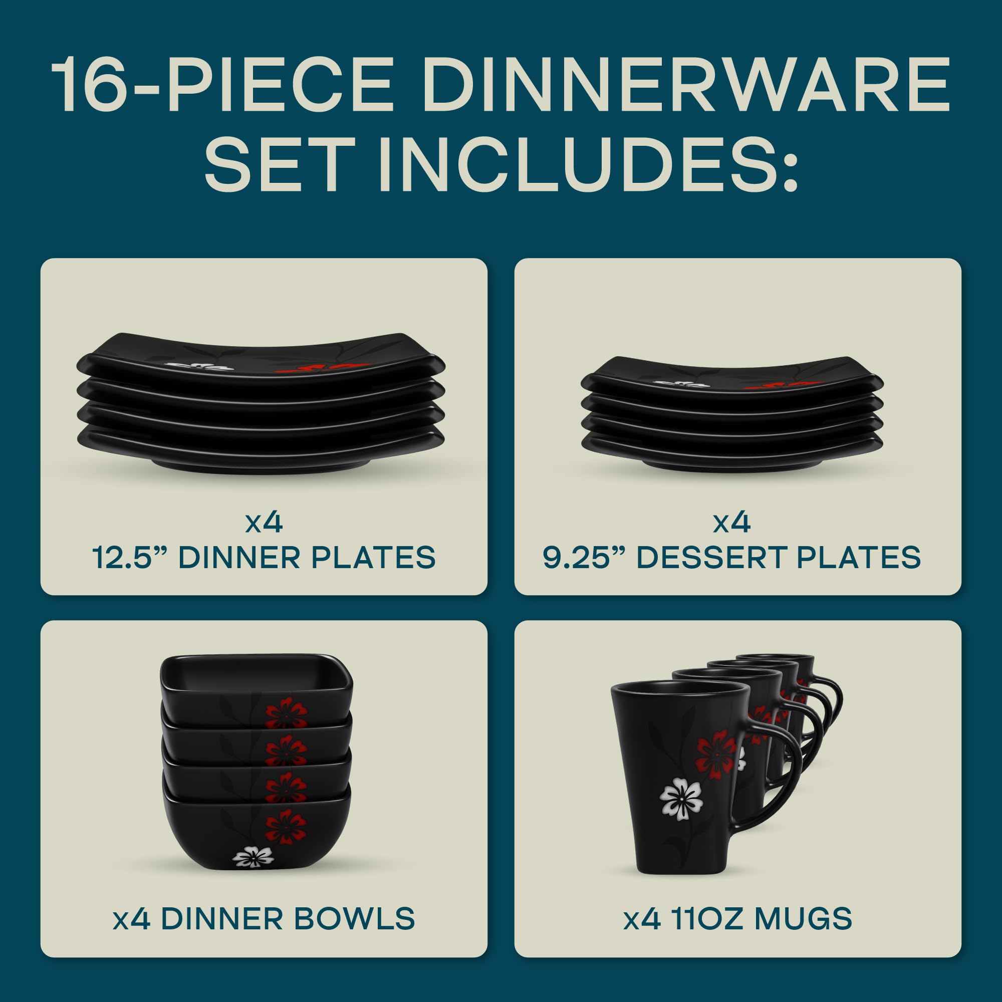 Gibson Elite Evening Blossom 16-Piece Stoneware Dinnerware Set – Black Floral, Service for 4