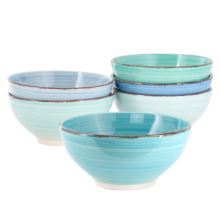 Elama Blue Ridge 6-Piece 6.25 in Round Stoneware Bowl Set, Assorted Blue and Teal, 20 oz, Striped Ridge Design, Microwave and Dishwasher Safe