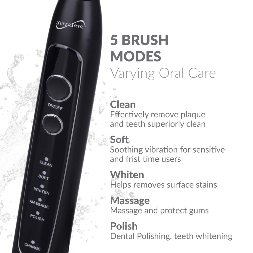 SuperSonic Sonic Zoom Advance Rechargeable Sonic Toothbrush – Black, 40,000 VPM with 5 Modes, 8 Brush Heads & Travel Case
