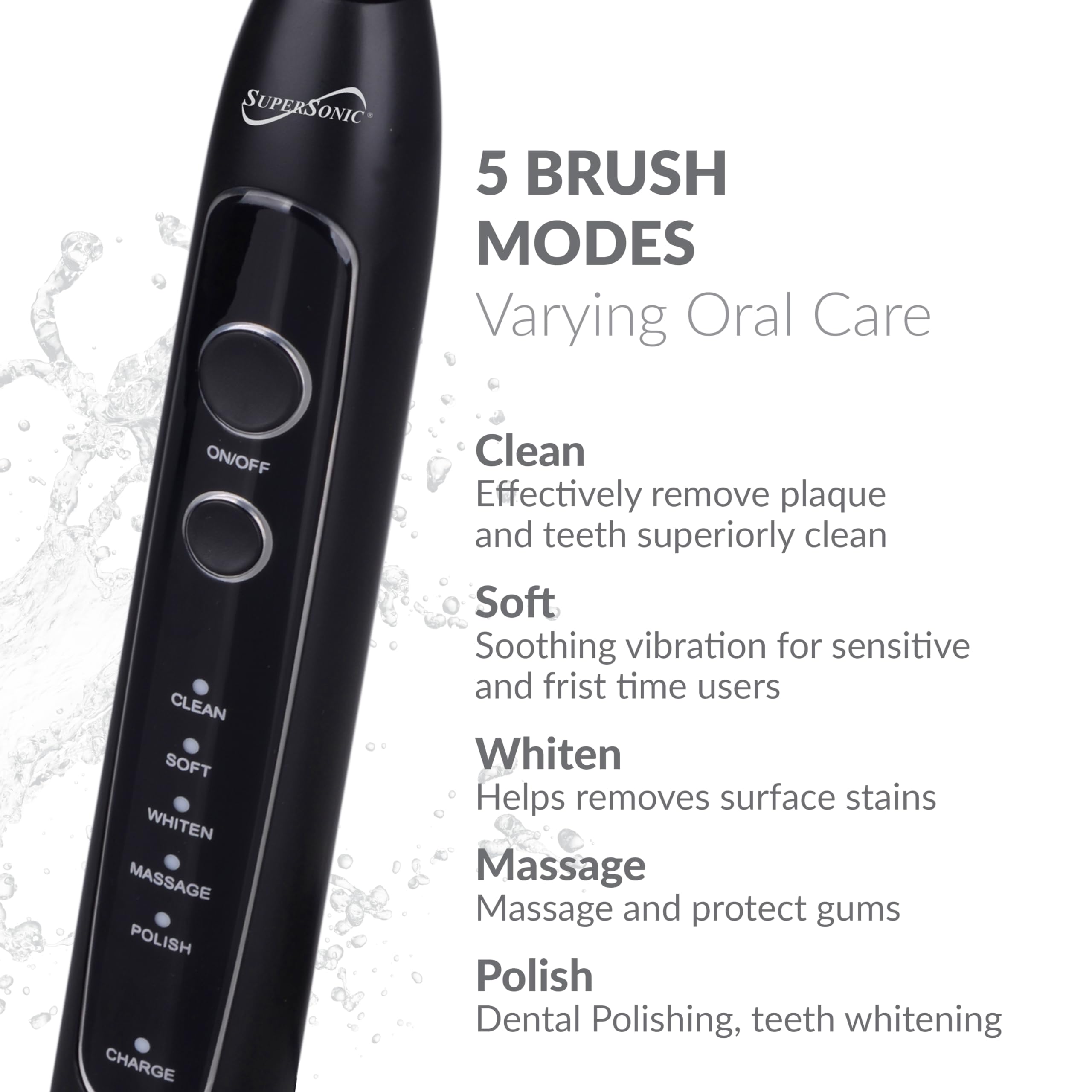 SuperSonic Sonic Zoom Advance Rechargeable Sonic Toothbrush – Black, 40,000 VPM with 5 Modes, 8 Brush Heads & Travel Case