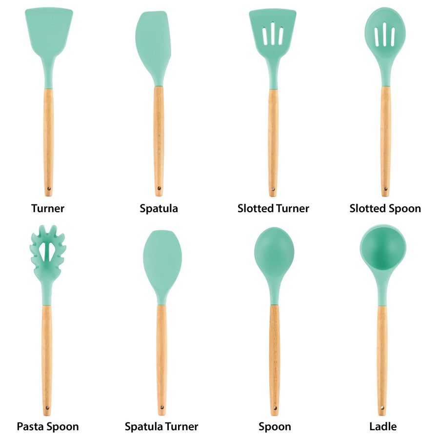 MegaChef 9-Piece Silicone and Wood Kitchen Utensil Set with Ceramic Holder, Mint Green