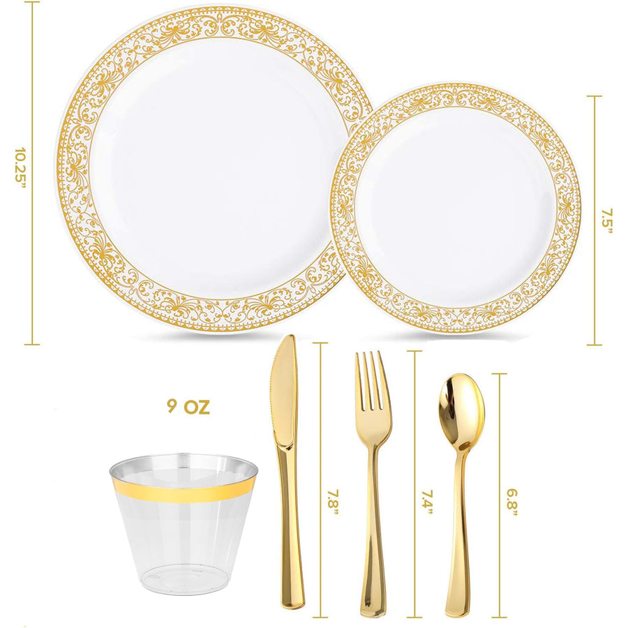 Elama 150 Piece Disposable Plastic Dinnerware Party Set, White with Gold Decal Trim