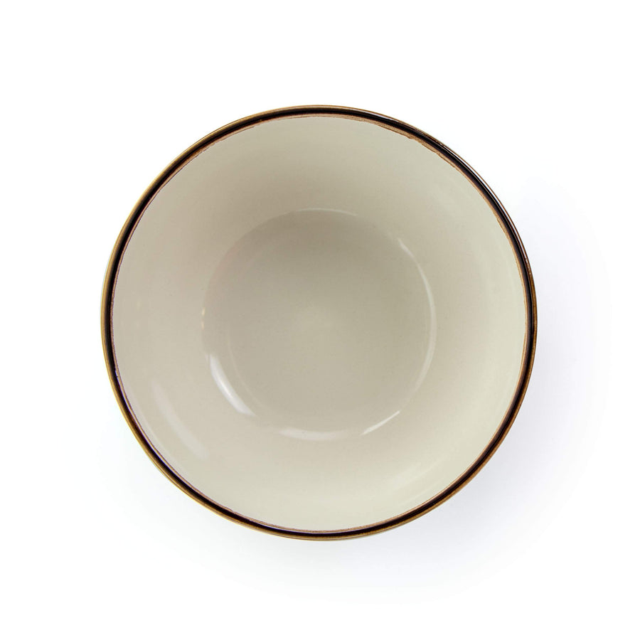 Top view inside the Elama Contessa ivory stoneware bowl showing the glossy glaze and brown rim