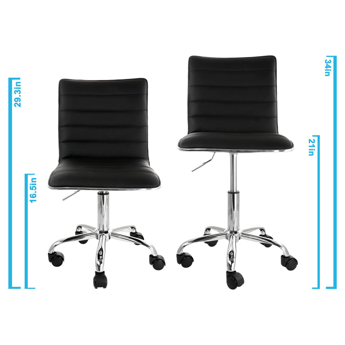 Elama black striped rolling office chair at lowest and highest settings, 29.3 to 34 in tall with a 16.5 to 21 in seat