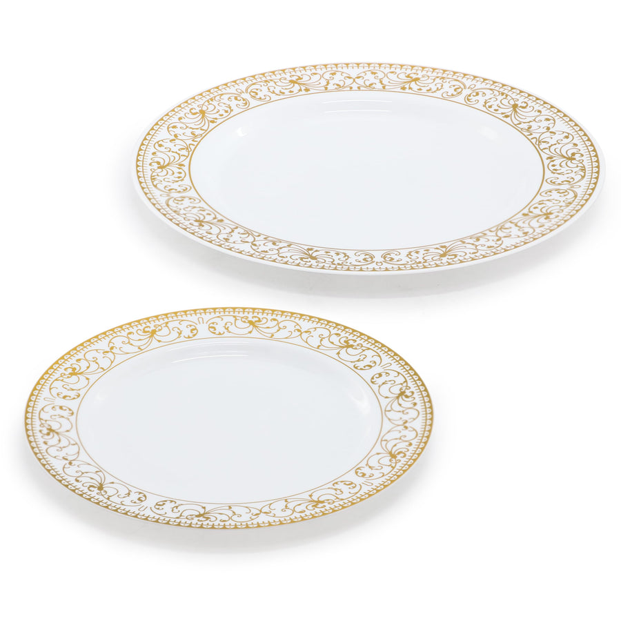 Elama 150 Piece Disposable Plastic Dinnerware Party Set, White with Gold Decal Trim