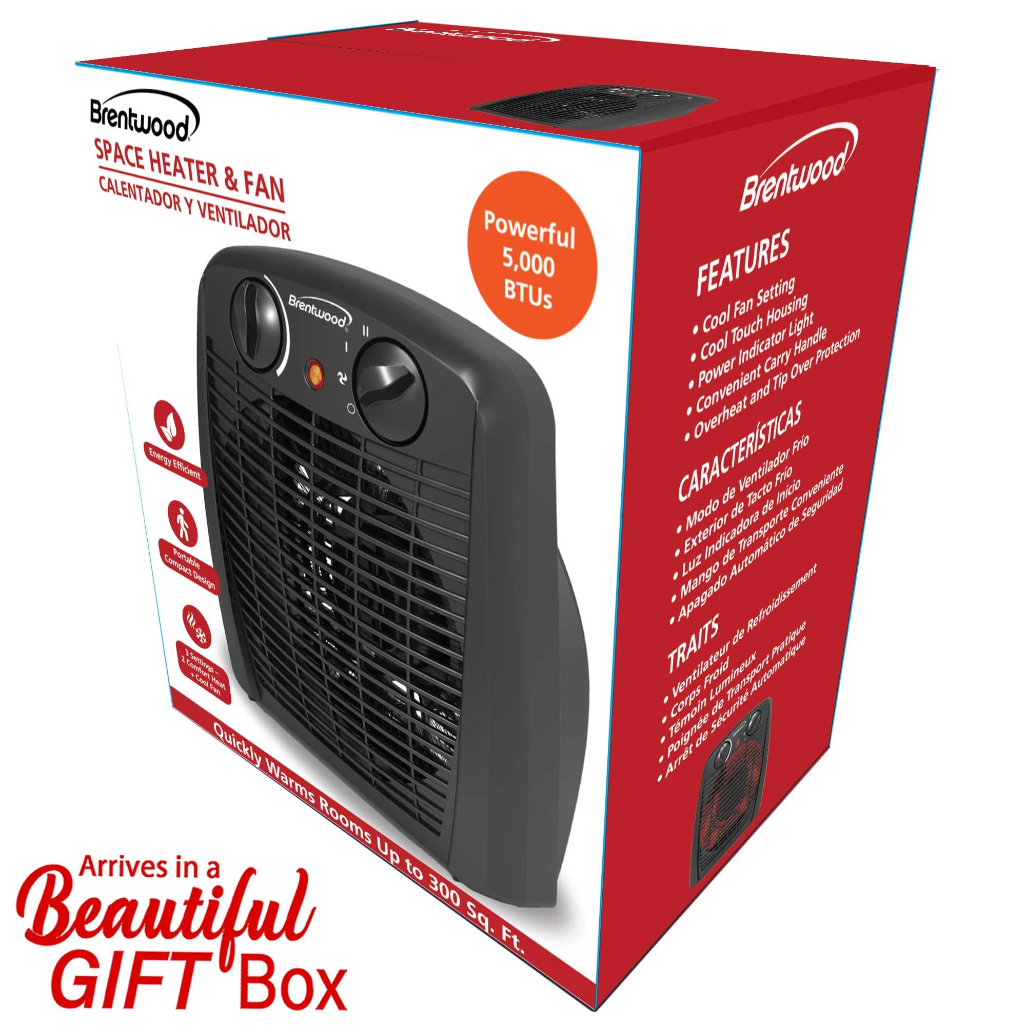 Brentwood H-F305BK 1500W Portable Electric Space Heater and Fan with Thermostat - Black