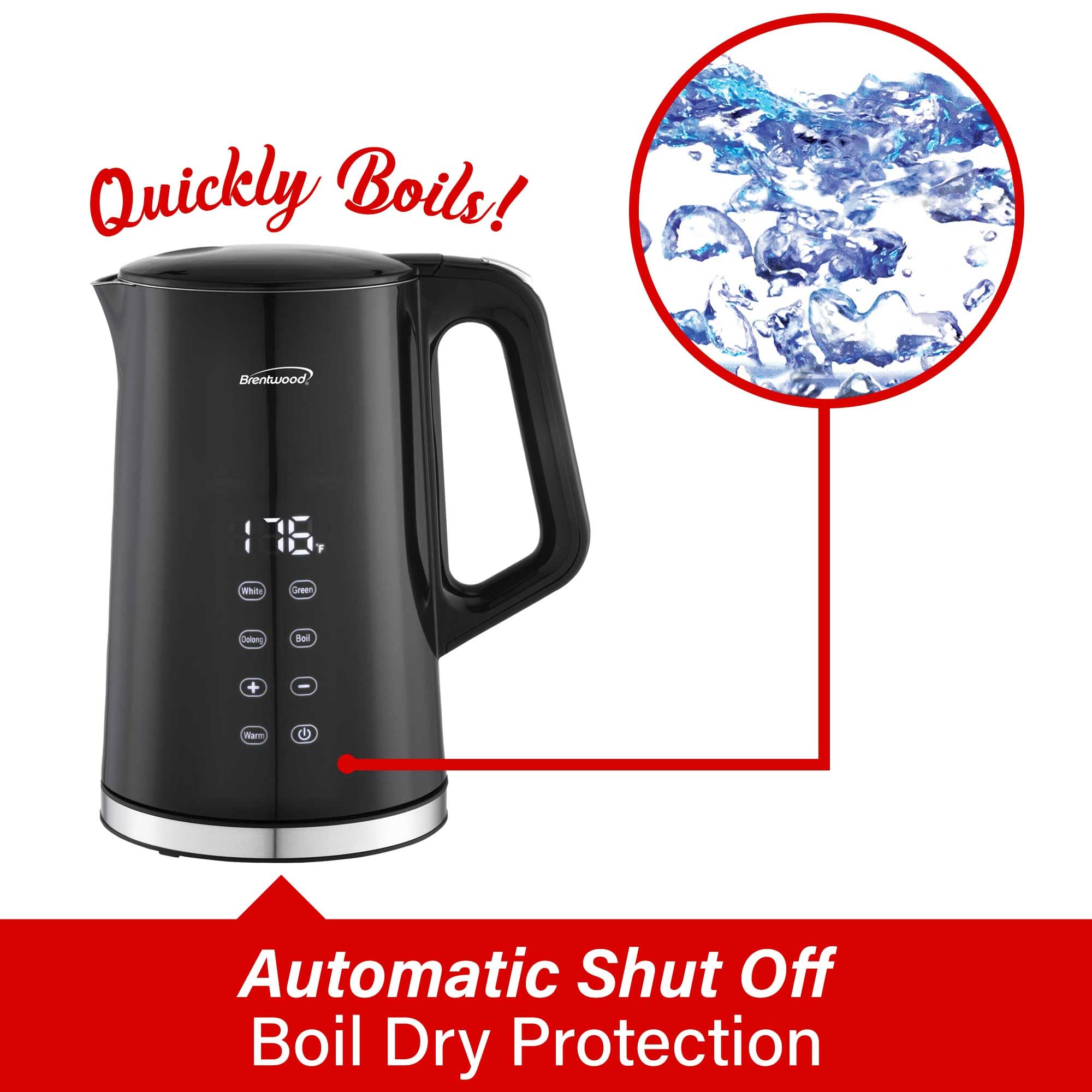 Brentwood KT-2015DBK 1.7L 1100W Digital Cool-Touch Electric Kettle - Black, 13 Temperature Settings