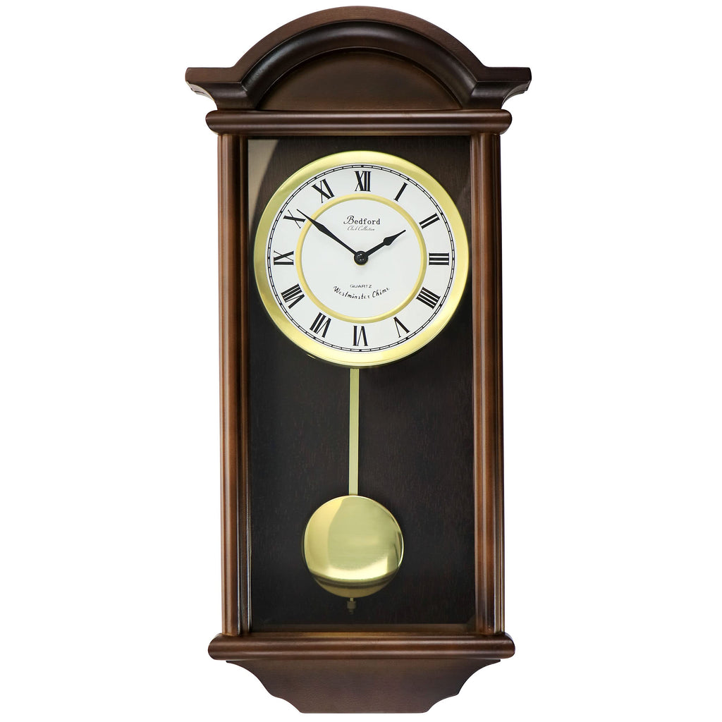 Bedford Clock Collection George 22" Chestnut Wood Chiming Pendulum Wall Clock — Westminster Quartz Heirloom Clock
