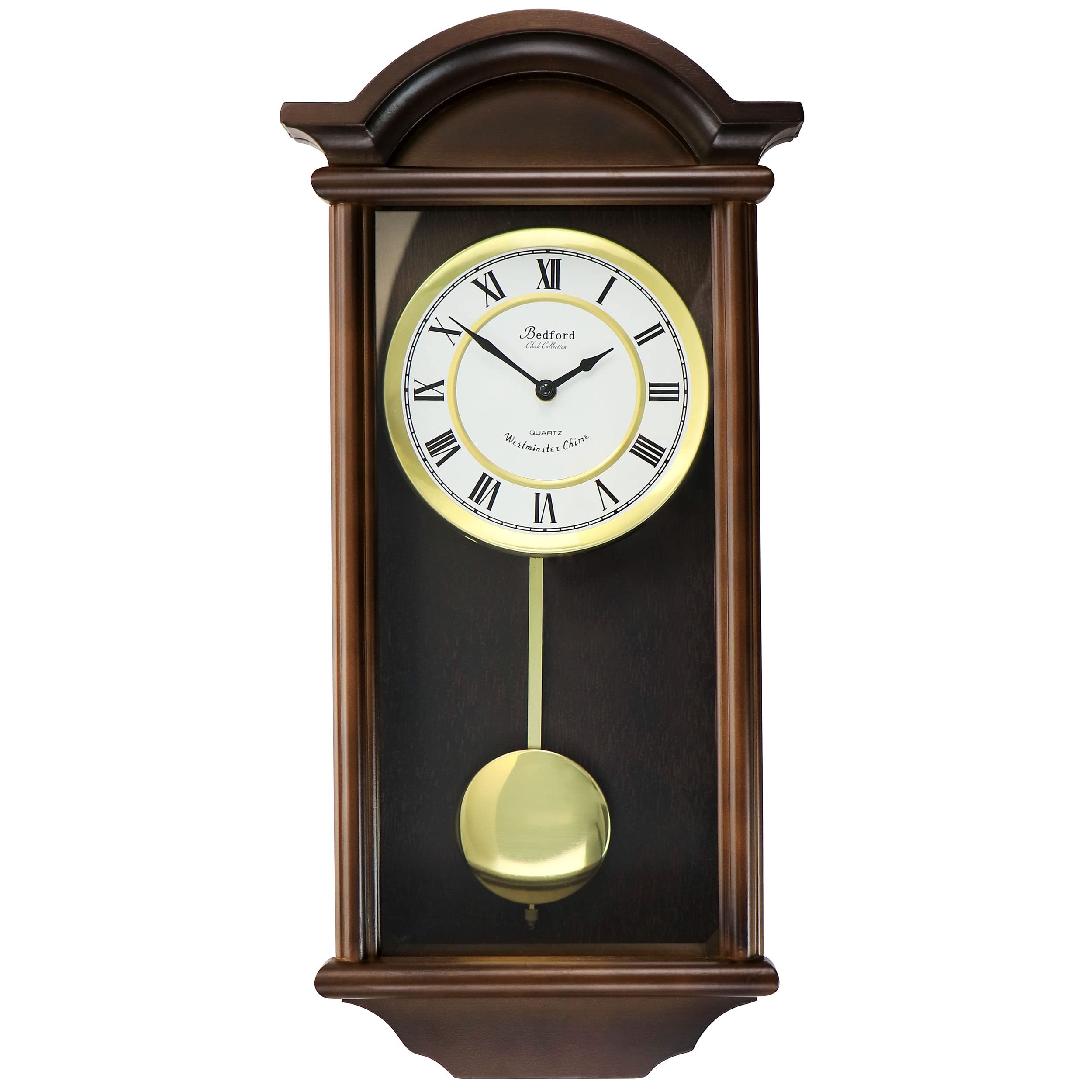 Bedford Clock Collection George 22" Chestnut Wood Chiming Pendulum Wall Clock — Westminster Quartz Heirloom Clock