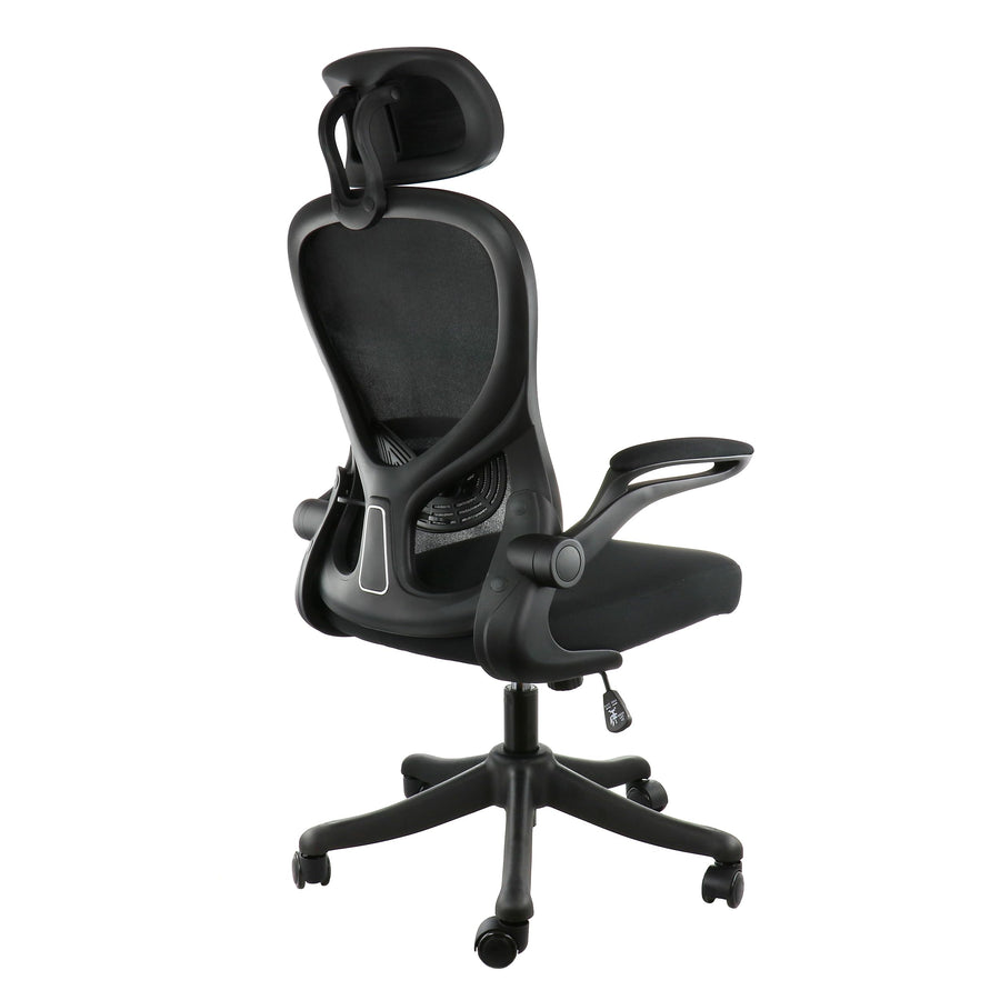 Elama black and gray ergonomic mesh office chair, back three-quarter view showing the frame, lumbar support and gas lift