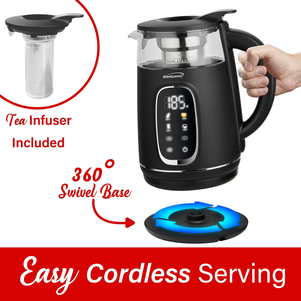 Brentwood KT-2018BK 1.7L 1100W Digital Glass Electric Kettle with Stainless Tea Infuser - Black