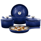MegaChef 7-Piece Enameled Cast Iron Cookware Set in Blue — 5-Qt Dutch Oven, Skillet, Saucepan, Sauté & Lids, Induction-Compatible Heirloom Cookware
