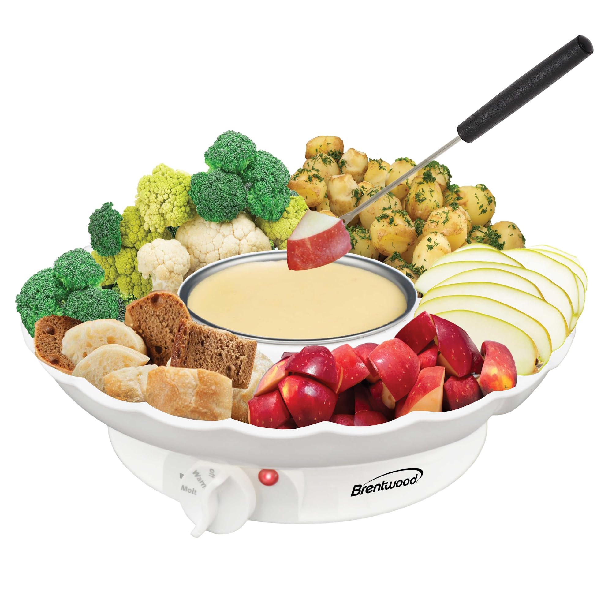 Brentwood TS-604W Electric Fondue Pot Set with 3-Section Serving Tray and 4 Dipping Forks - 10 oz Stainless Bowl