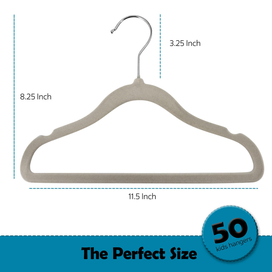 Elama Kids Non-Slip Velvet Clothes Hangers with Notched Shoulders, 50-Pack, 11.8 in Child Size, 4 Colors