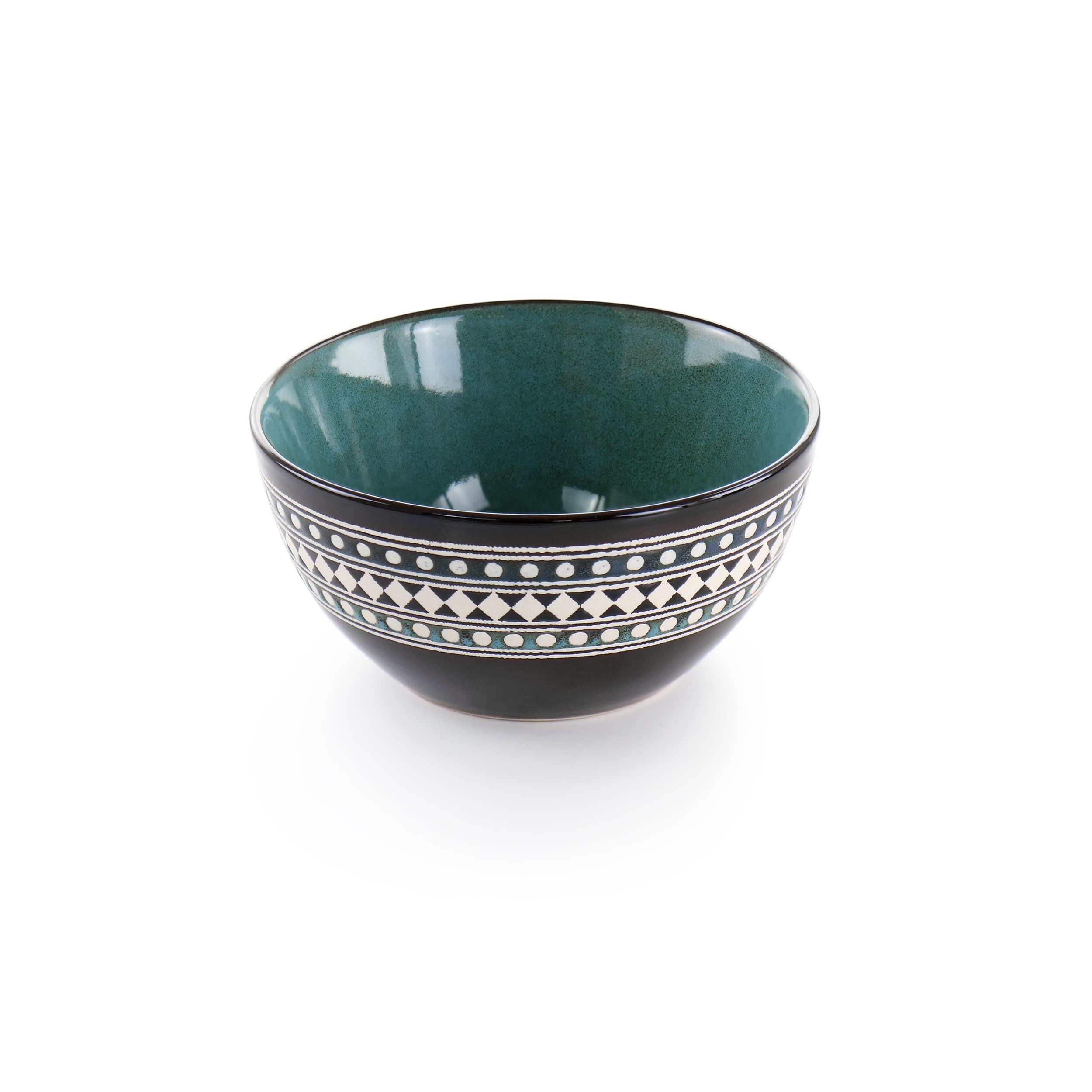 Elama Blue Sage 16-Piece Double Bowl Stoneware Dinnerware Set – Blue Geometric Rim Service for 4