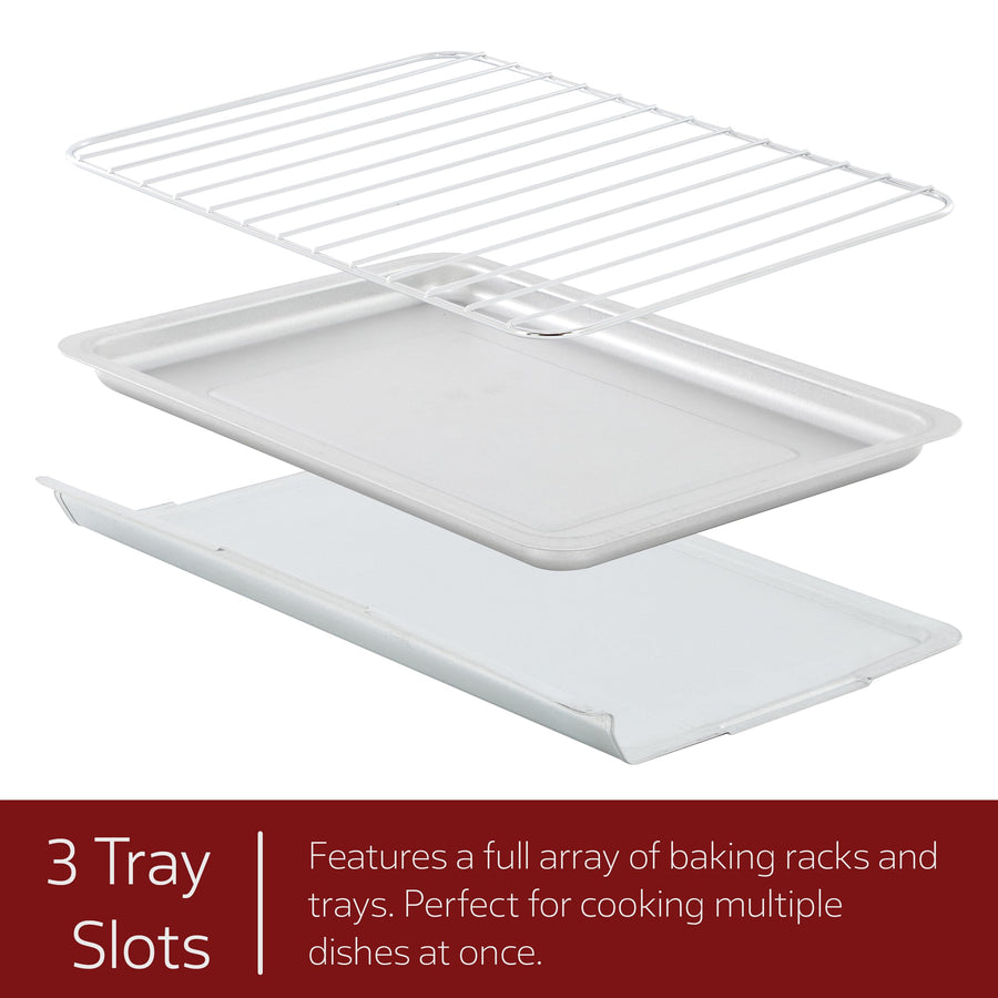 MegaChef French door toaster oven accessories: wire rack, aluminum bake tray and crumb tray, 3 tray slots