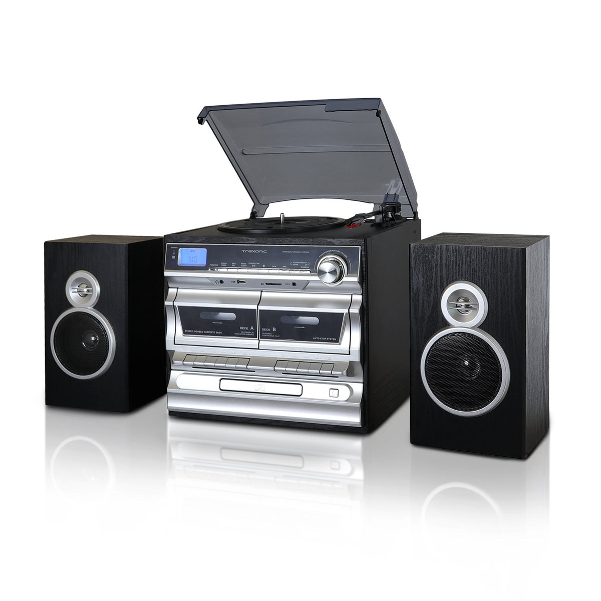 3-Speed Vinyl Record Player Stereo System with CD, Double Cassette, Bluetooth, FM Radio & USB/SD Recording, Trexonic TRX-11BS