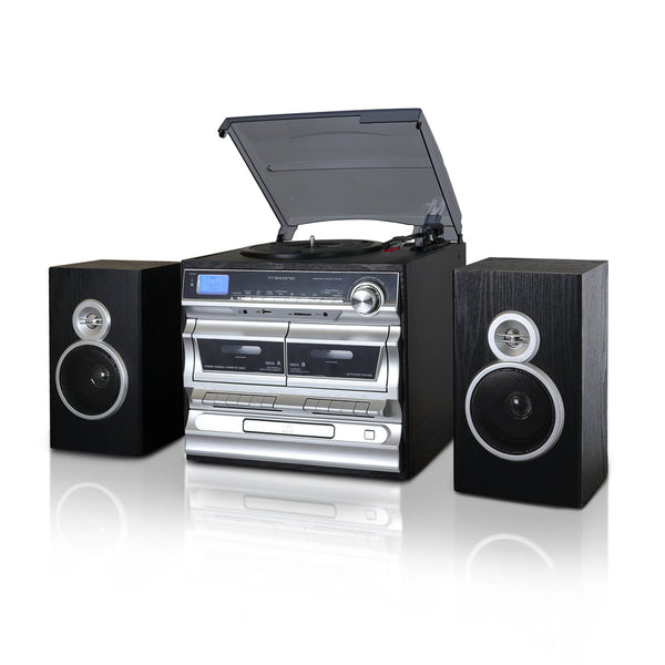 3-Speed Vinyl Record Player Stereo System with CD, Double Cassette, Bluetooth, FM Radio & USB/SD Recording, Trexonic TRX-11BS