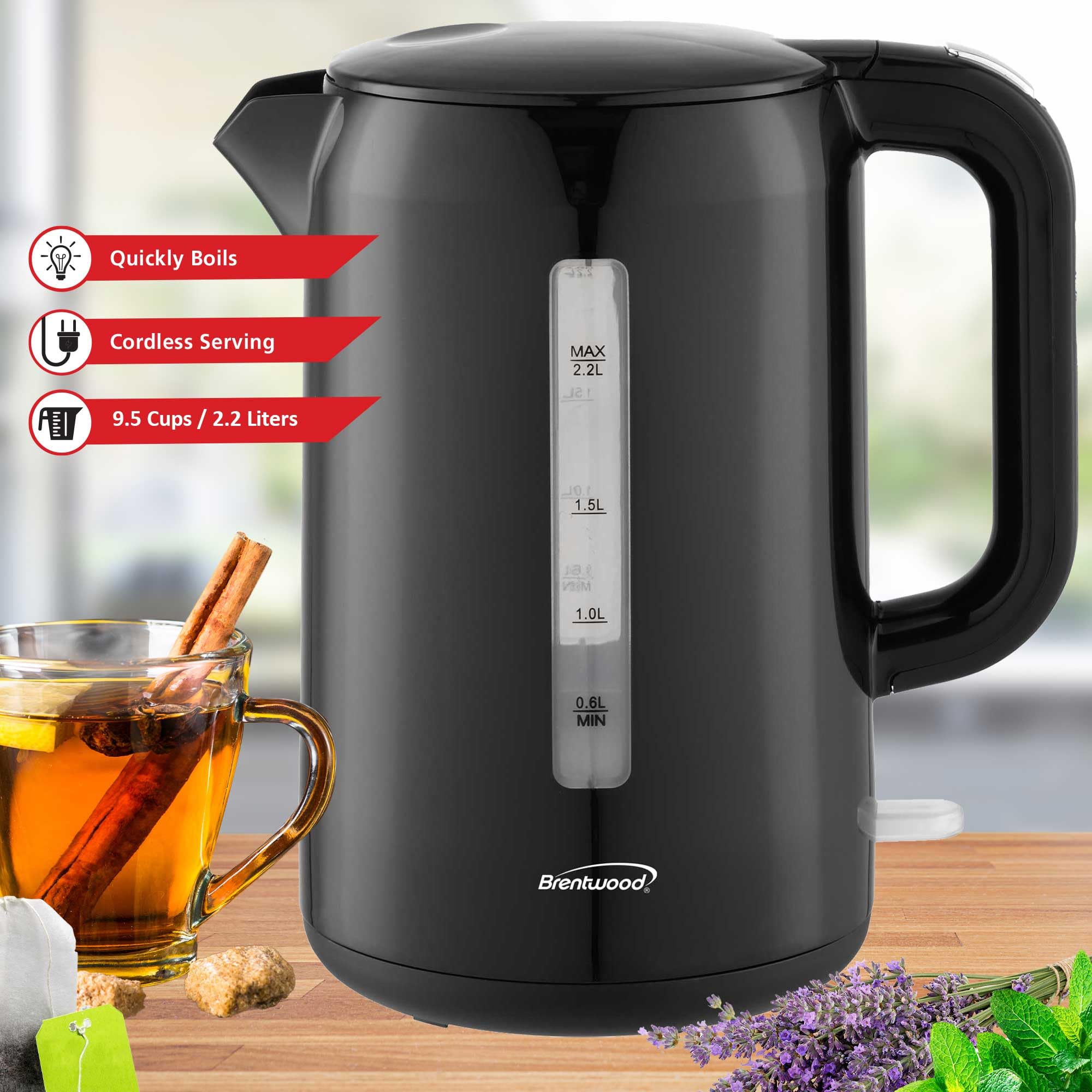 Brentwood KT-1622BK 2.2 L Cordless Electric Kettle with Auto Shut-Off, Black