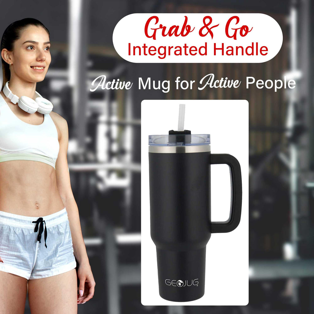 Brentwood GEOJUG 40 oz Insulated Stainless Steel Tumbler – Black with Handle, Lid & Straw