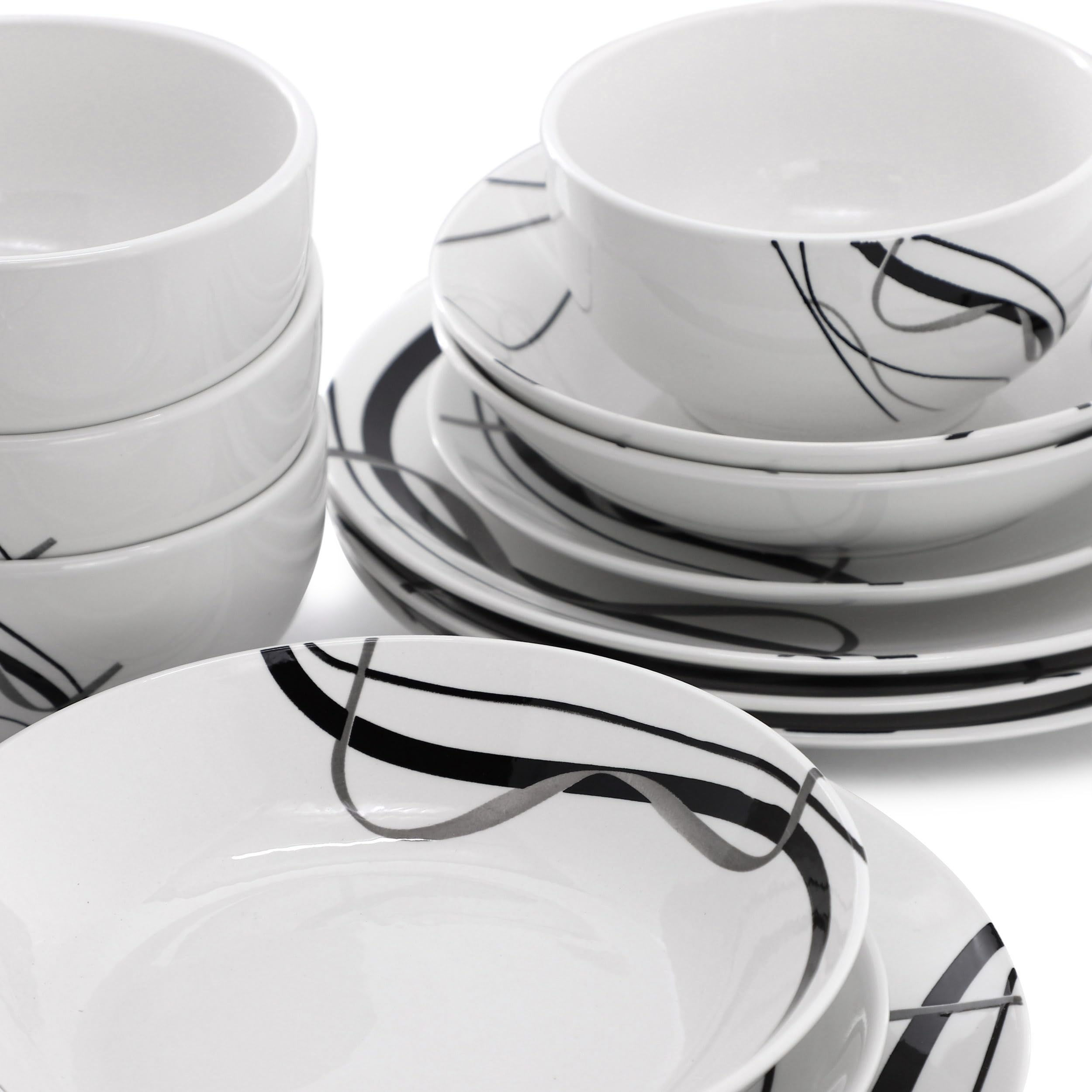 Elama Sarah 16 Piece Porcelain Double Bowl Black Ribbon Dinnerware Set, Service for 4 in White and Black